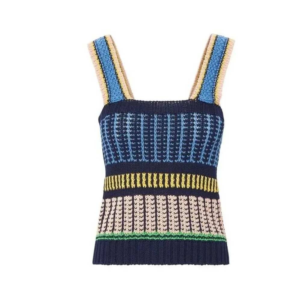 Veronica Beard Voya Knit Tank Medium Striped Crochet Cotton Boho Fishermen Artsy - Picture 11 of 11